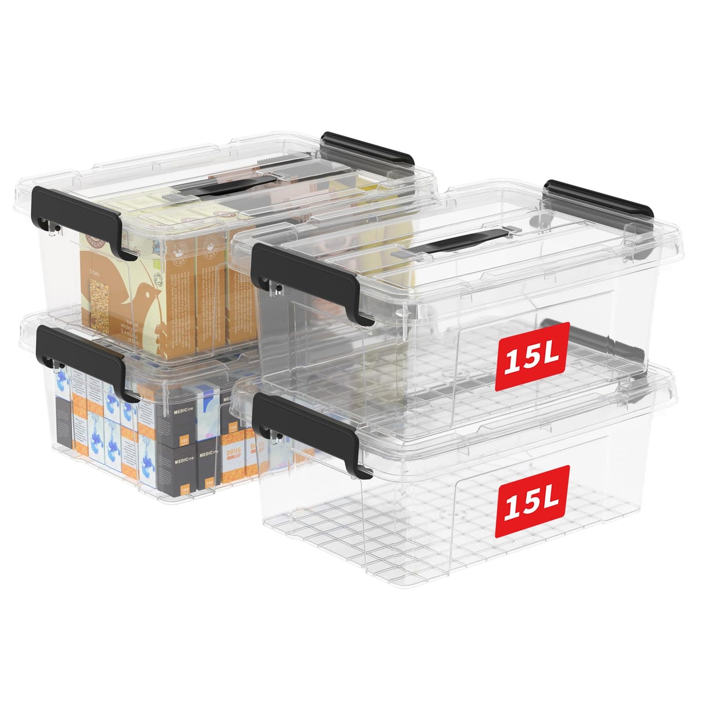 Cetomo 15L*4 Storage Boxes, Carry Plastic Storage Box with Lids, Clear Organizing Container with Handle and Secure Latches