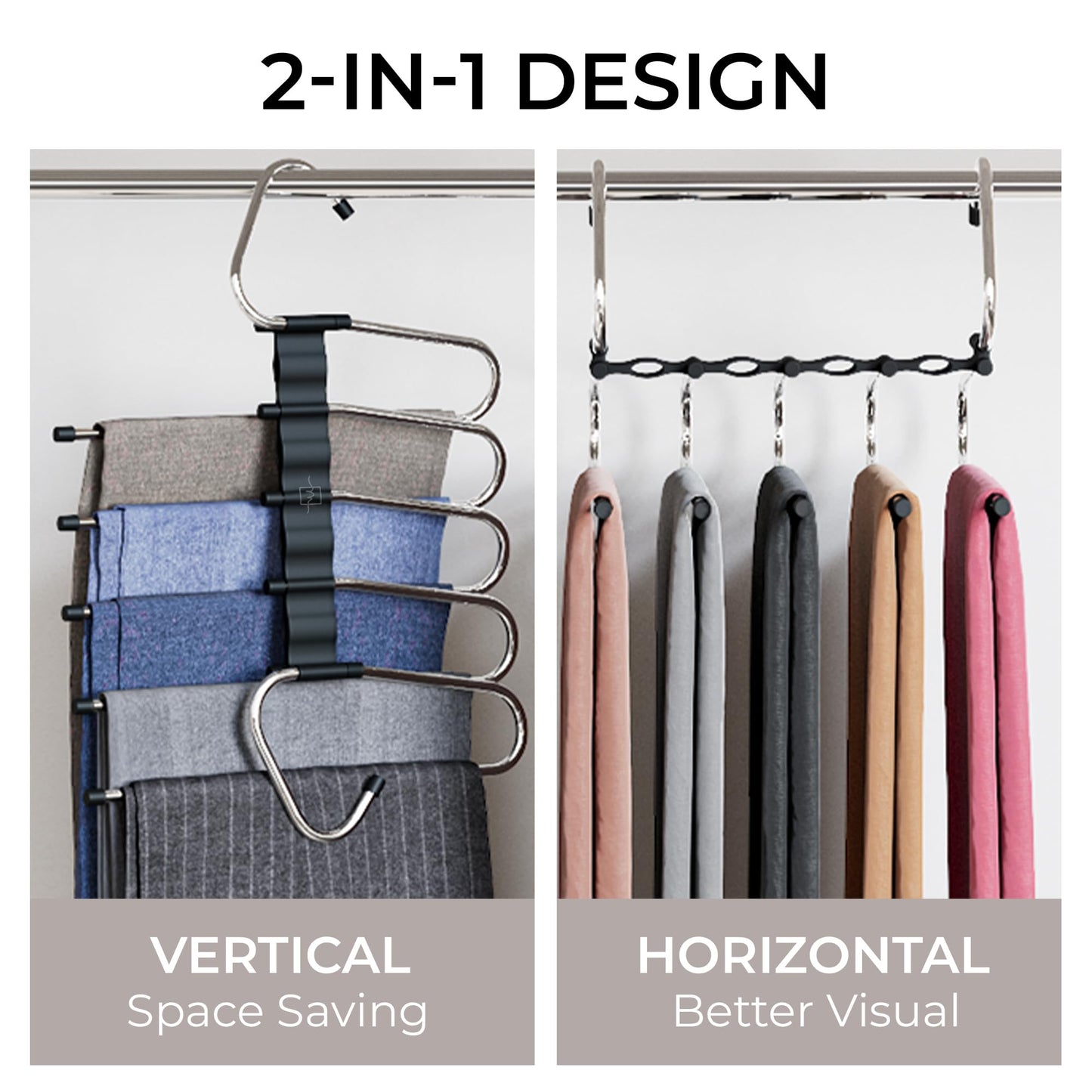 MORALVE Trousers Hangers Space Saving - 4 Pack - Non-Slip Multi-Layer Space Saving Hangers - Multifunctional Clothing Rack for Closet Storage