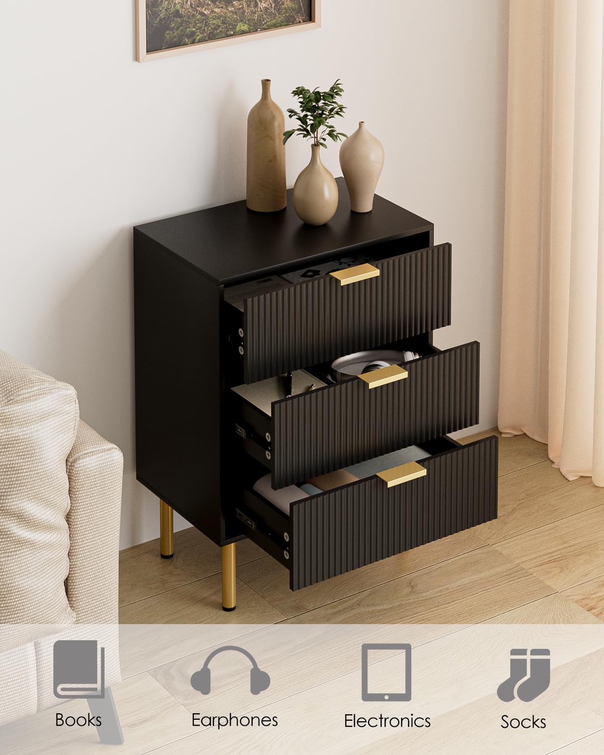 Apetaccat Bedside Table with 3 Drawers, Modern Bedside Cabniet with Metal Legs, Fluted Nightstand, Side Table for Bedroom, Living Room, Office