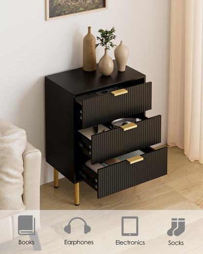 Apetaccat Bedside Table with 3 Drawers, Modern Bedside Cabniet with Metal Legs, Fluted Nightstand, Side Table for Bedroom, Living Room, Office