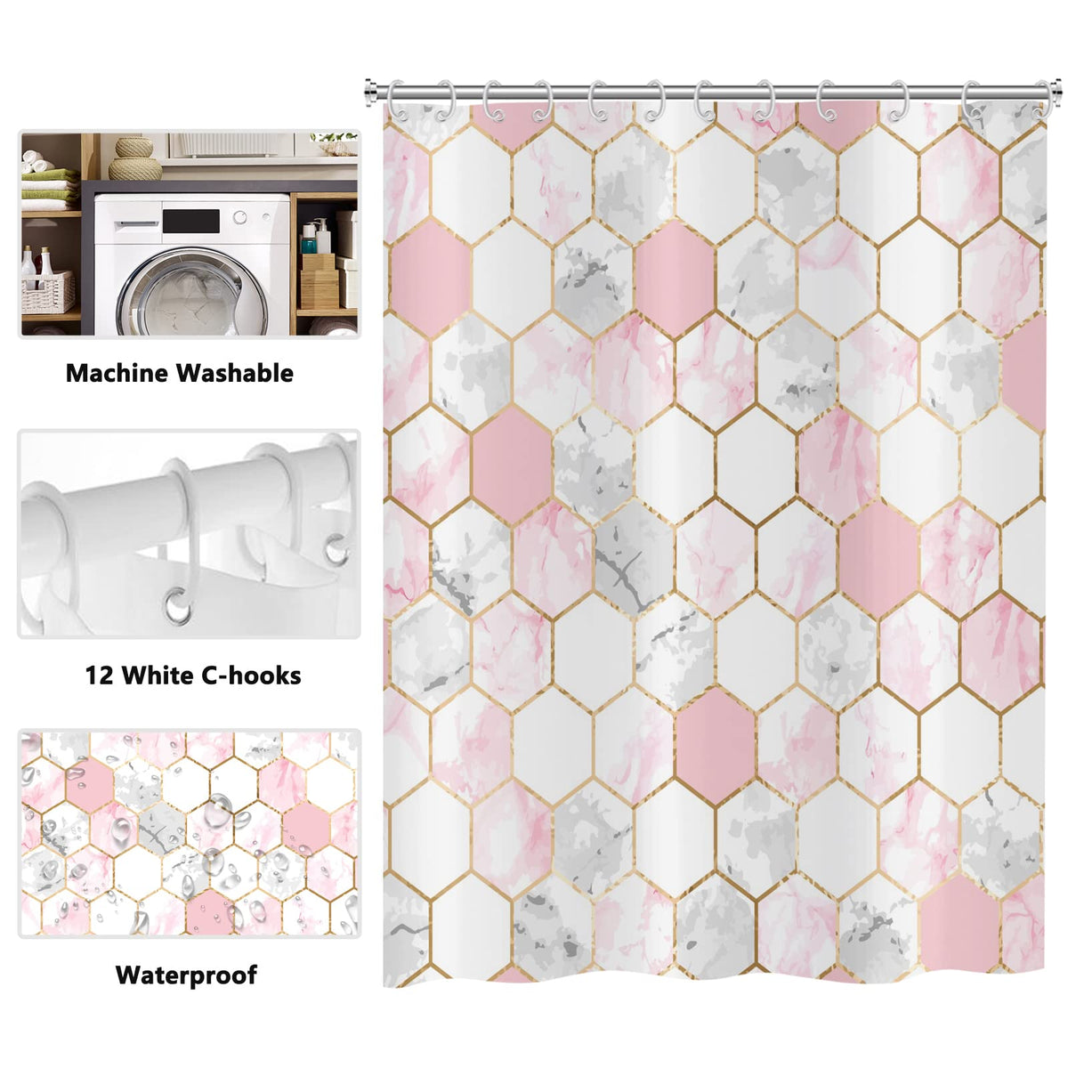 ASDCXZ Shower Curtain Marble 180x200 cm, Modern Light Luxury Pink Gold Grey Marble Optic Bathroom Shower Curtains Washable Polyester Textile