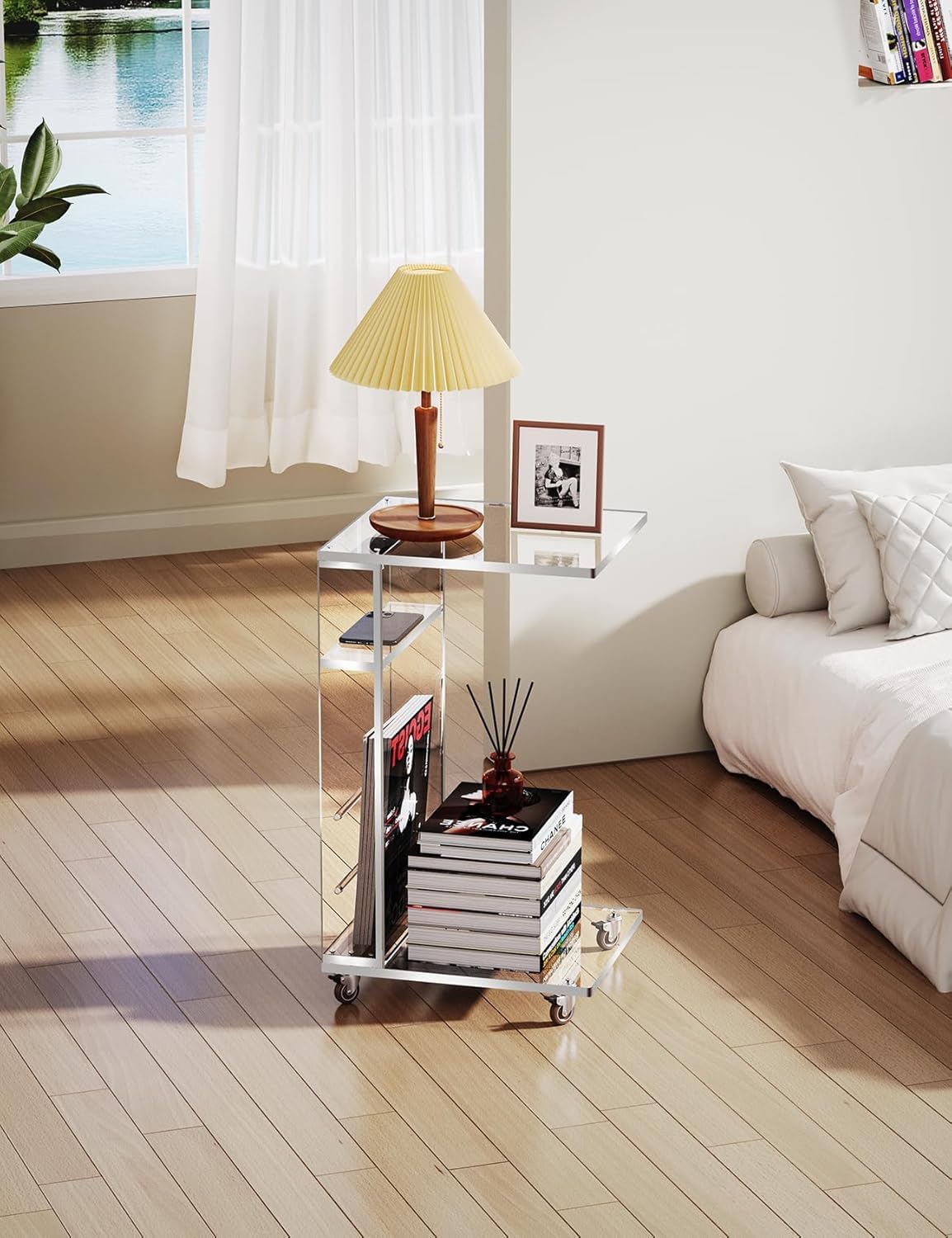 Acrylicolor Clear Acrylic C Shaped Side Table on Lockable Wheels(Clear)