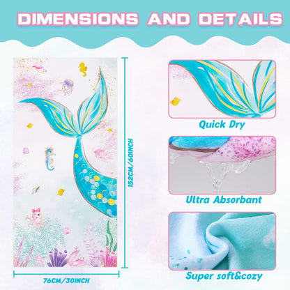 WERNNSAI Mermaid Microfibre Beach Towel for Kids, 76 x 150cm Bath Towel