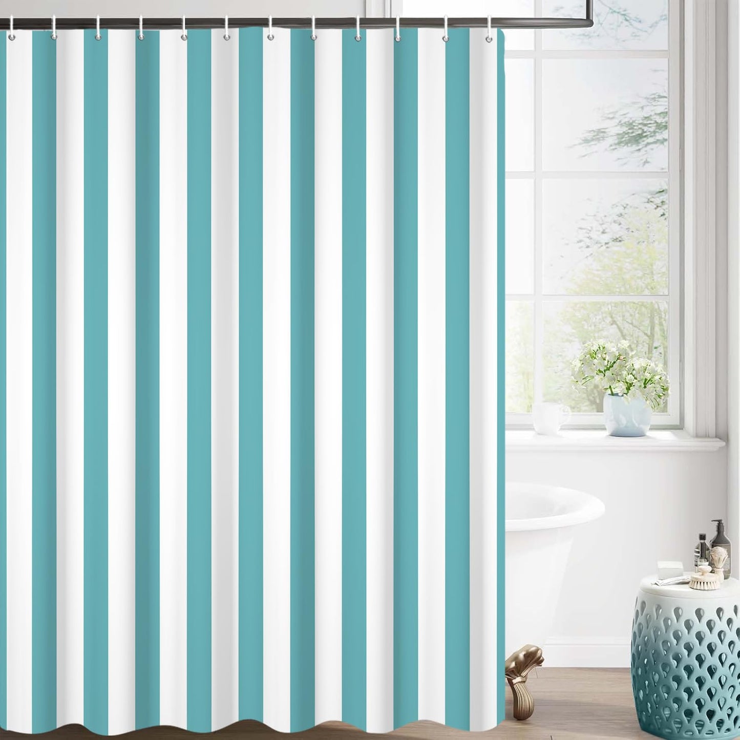 GCIREC Shower Curtain, 180x180cm, Light Teal and White Modern Minimalism Vertical Stripes Waterproof Fabric Machine Washable Bathroom Curtain with