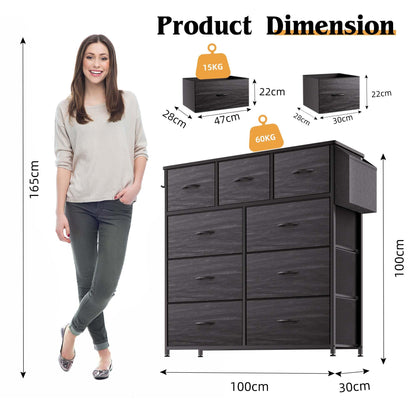PURFINO Fabric Chest of Drawers - Canvas Storage Unit with 9 Drawers, Label Cards, Side Pocket & Hook for Living Room, Hallway, Bedroom