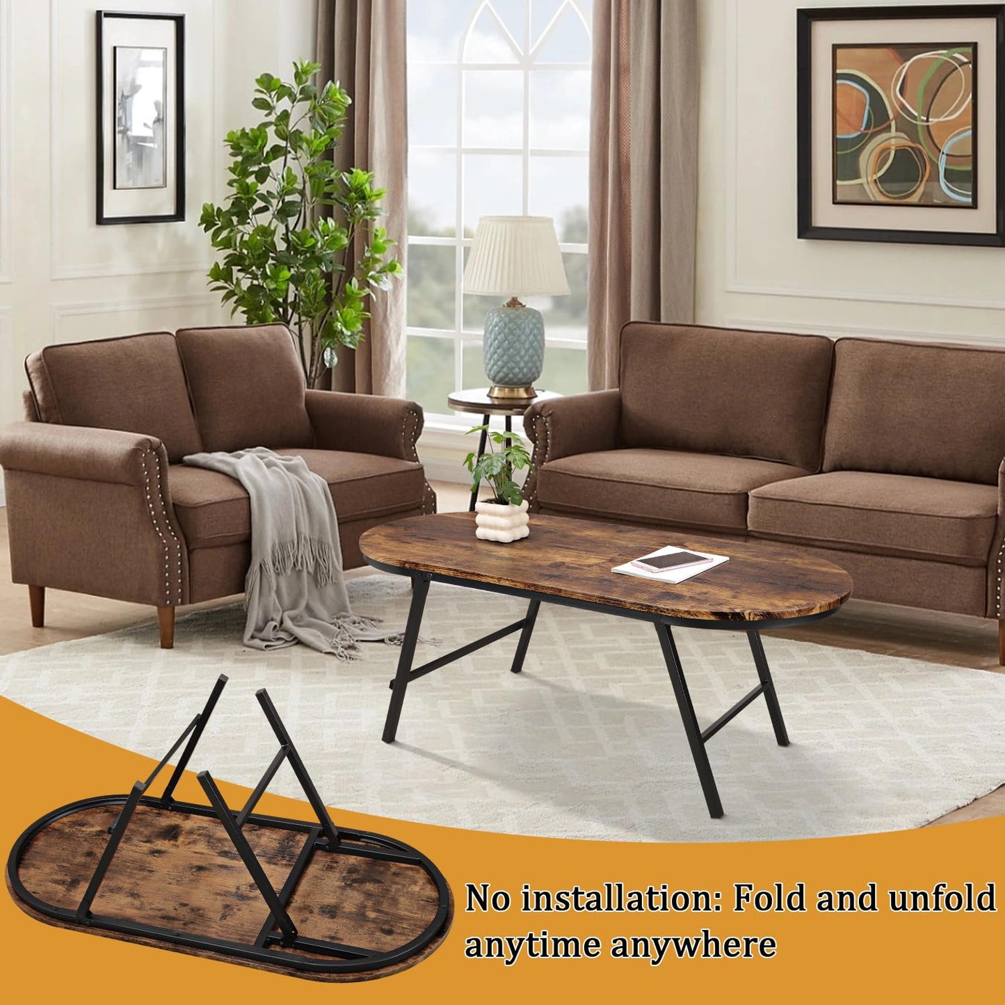 FEUFOAM Folding Coffee Table for Living Room Industrial Brown Small Low Table Wooden Foldable Coffee Tables Oval Floor Desk Tables for Small Spaces