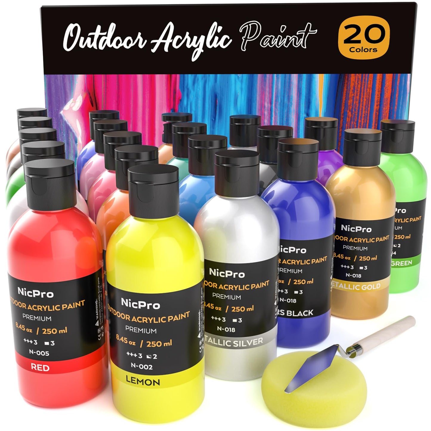 Nicpro 20 Colors Large Bulk Outdoor Acrylic Paint Set (8.45 oz, 250 ml) Rich Art Painting Supplies, Non Toxic for Multi Surface Canvas Rock Wood