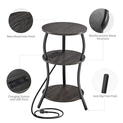 YEAKOO Bedside Table with Charging Station & 4 Sockets, Vintage Round 3-Tier End Table with USB Ports & UK Plugs