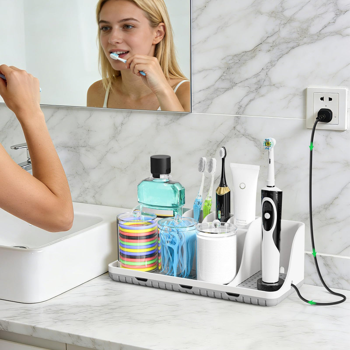 PARKMANI Toothbrush Holder for Bathroom Organizer Storage, Electric Tooth Brush Holder with 3 PCS Cotton Bud Holder, Bathroom Accessories for Family