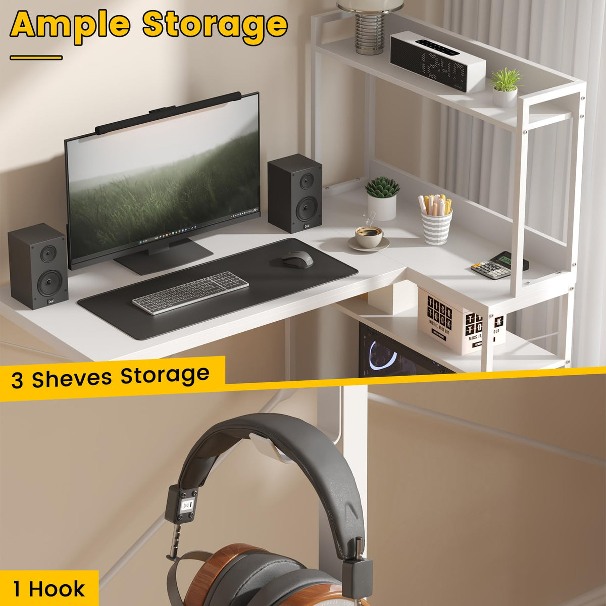 Feonase 47" L-Shaped Computer Desk Gaming Desk with Durable Metal Frame, Corner Desk with 4 Sheves and Hook