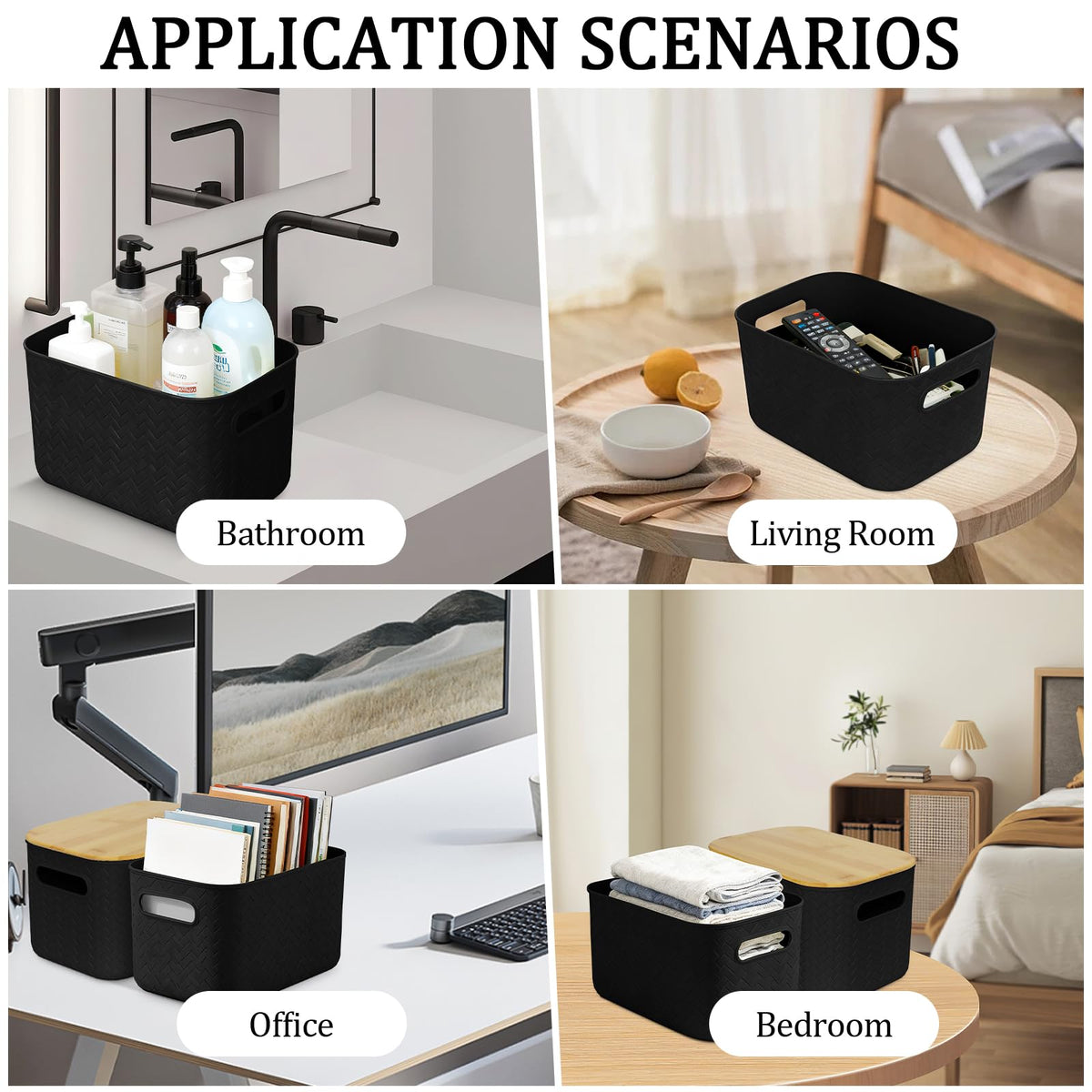 RWFMO 4 Pcs Plastic Black Storage Baskets with Bamboo Lid for Bathroom