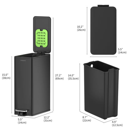 EverGrove 10L Slim Stainless Steel Bathroom Pedal Bin, Matte Black