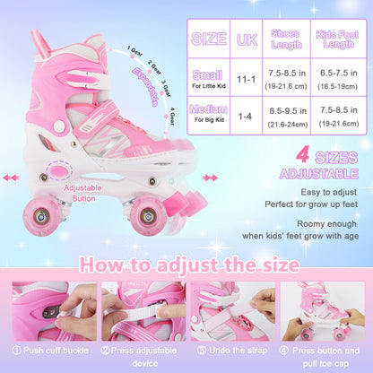 Kids Girls Roller Skates For Toddler Child Beginner, 4 Sizes Adjustable Kids Roller Skates with Light Up Wheels (Pink White, Medium)