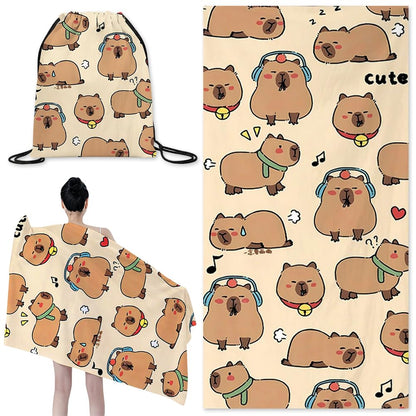 Capybara Microfiber Beach Towel Sand Free Absorbent Extra Large Travel Towels for Adults Kids Microfibre Towels for Adults with Drawstring Bag 2in1