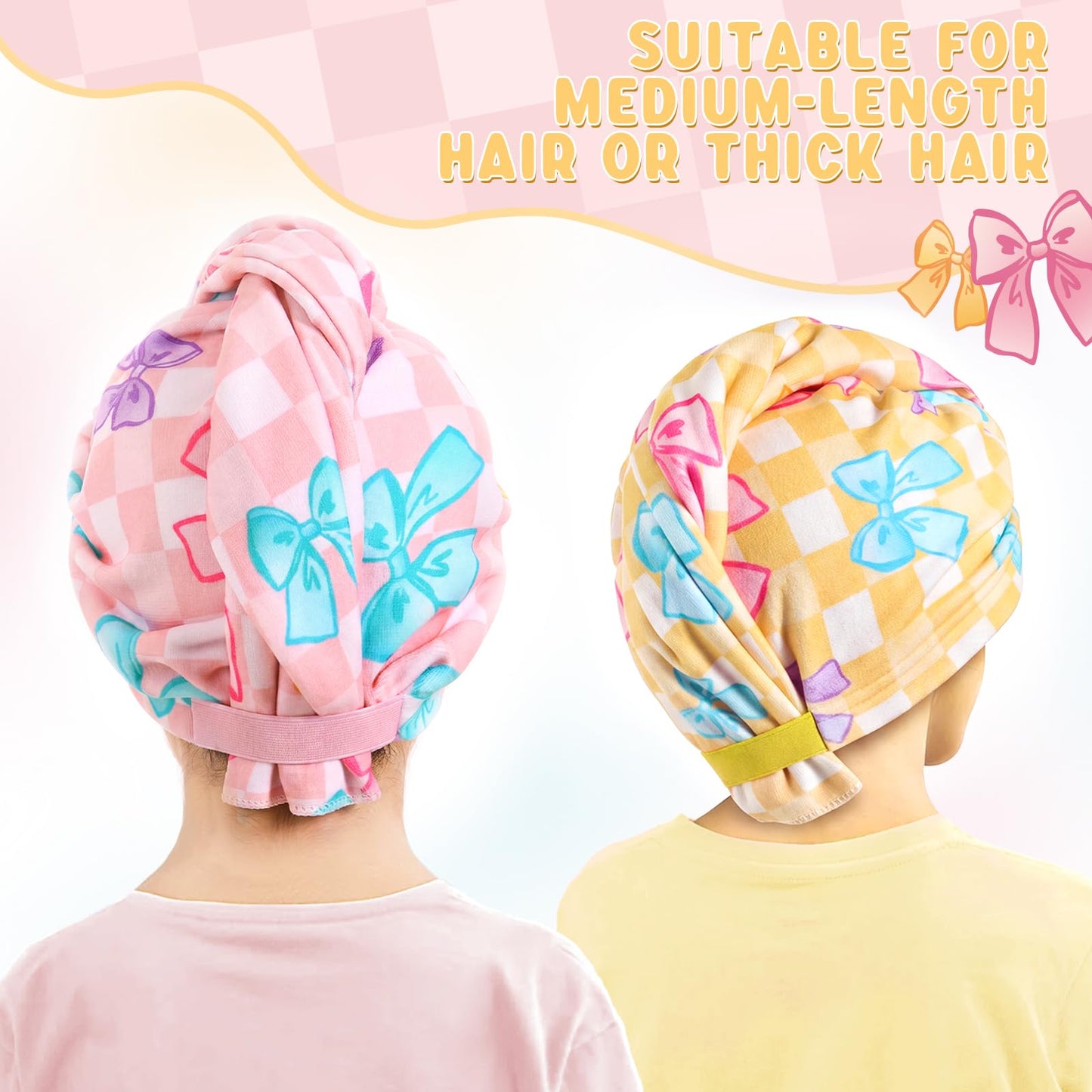 WAWSAM 2 Pack Kids Hair Towel Wrap for Girls, Microfibre Hair Turban Towel Fast Drying, Hair Towel Wrap with Elastic Strap for Long Hair
