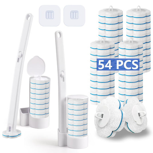Ucaimao Disposable Toilet Brush? 2 Pack Toilet Wand and Holder with 54 Cleaner Refills Disposable Toilet Cleaning System Cleaner Pads for Toilet