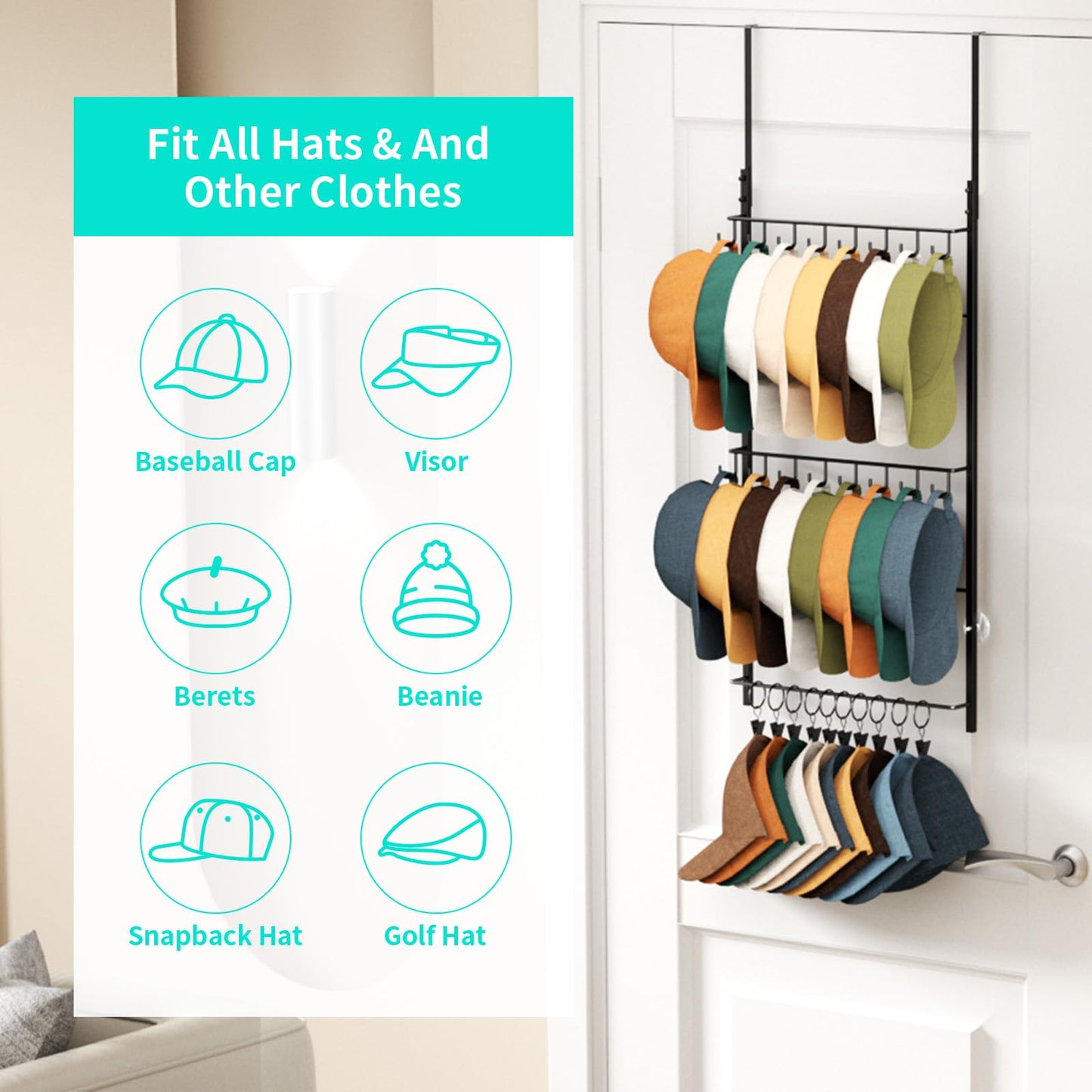 HapiRm Over Door Hat Rack - 3-Tier Wall Mounted Hat Storage Hold to 26 Caps