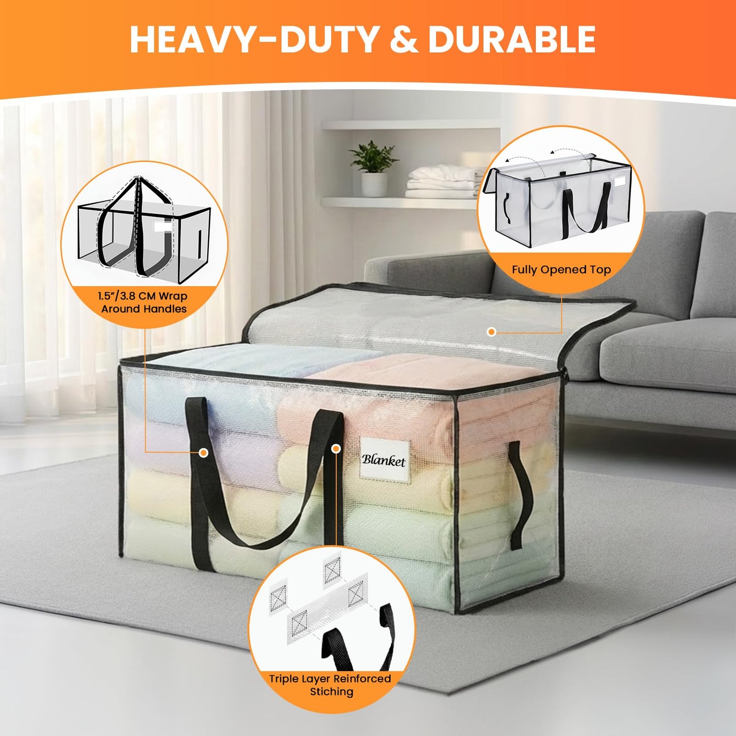 RICHER HOUSE 90L Heavy Duty Moving Boxes, Clothes Storage Bag, 4 Pack,Clear