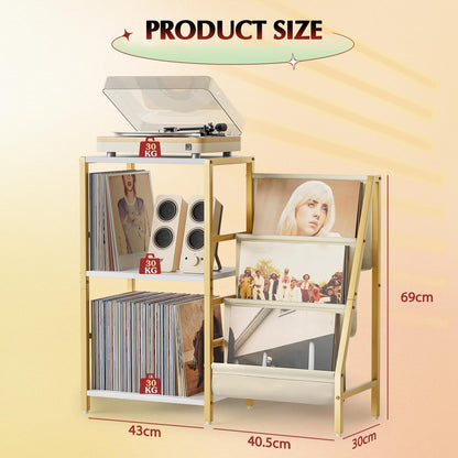 Bikoney Record Player Stand with 3-Tier Vinyl Storage for 200 LPs - Gold