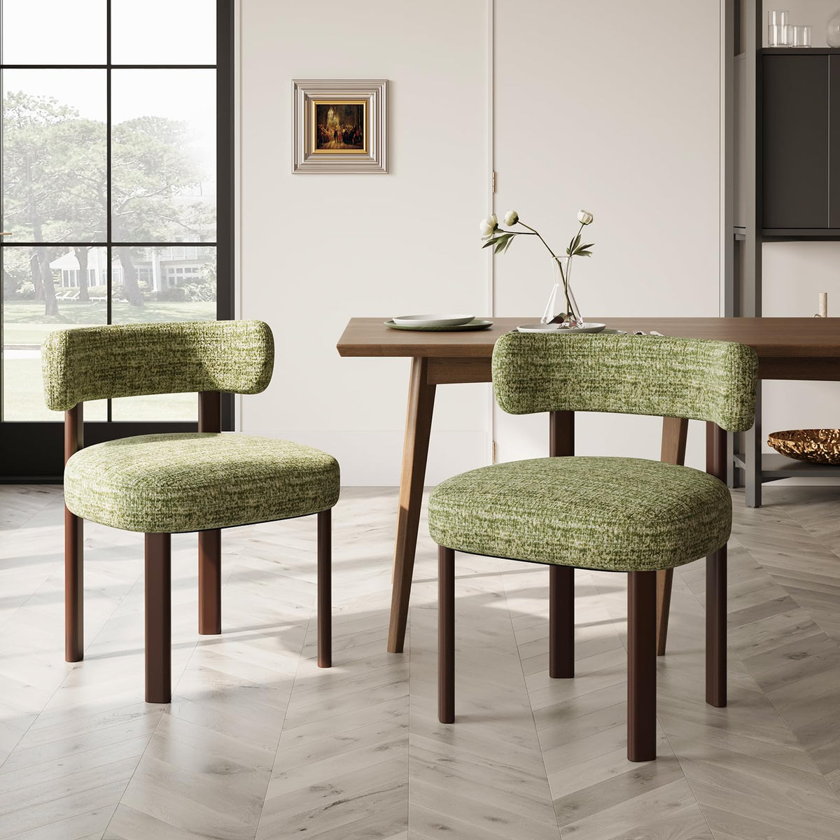 COLAMY Wooden Dining Chairs Set of 2, Fabric Chairs for Dining Room with Open Curved Backrest and Thick Seat Cushion