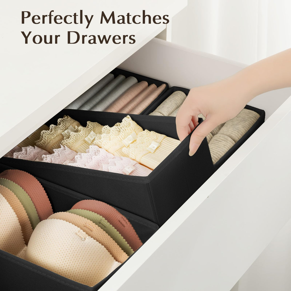 DIMJ Drawer Dividers for Clothes, Wardrobe Storage Organiser, 4 Pack, Black