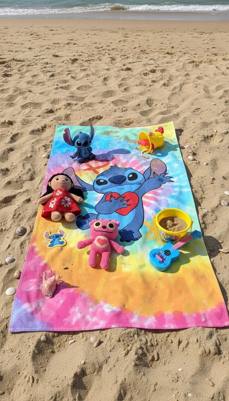 BrandMac Disney Stitch “Surfing” Beach & Bath Towel 70x140 cm, 100% Cotton | Soft & Quick-Dry Kids Bath & Swim Towel