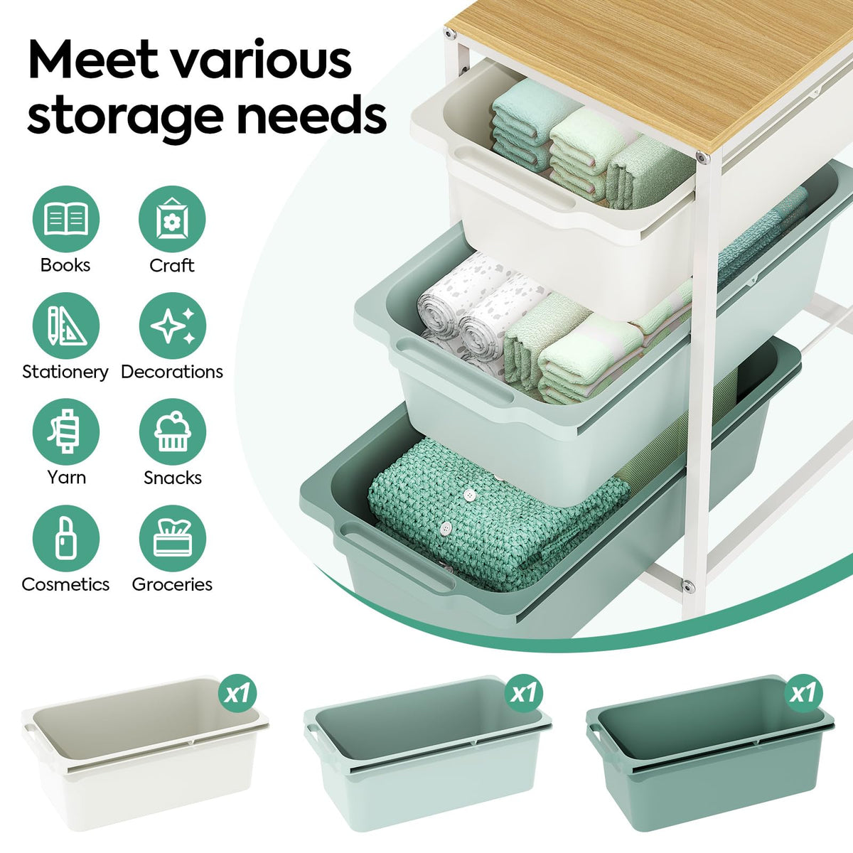 KINGBOARD 3 Drawers Storage Trolley on Wheels, Green
