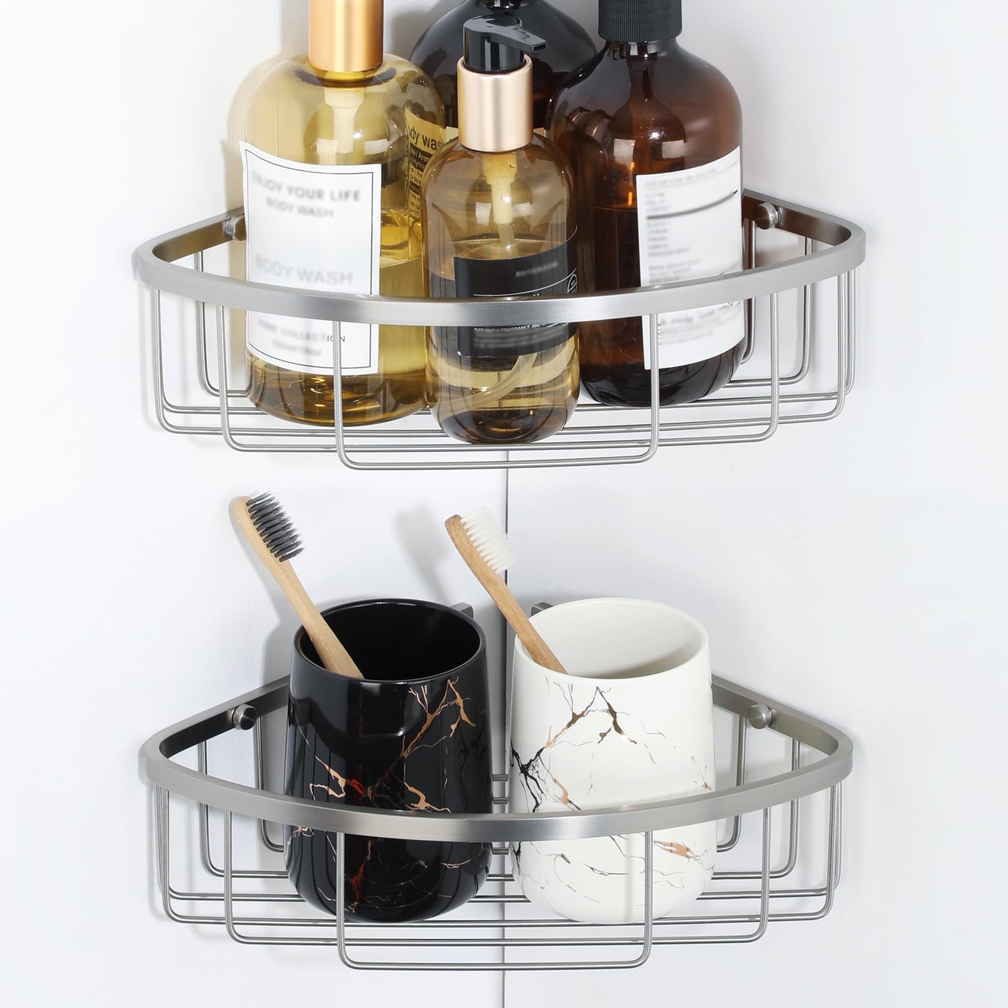 SAYAYO 2 Pack Corner Shower Caddy, Bathroom Corner Shelves Shower Storage Wall Mounted, SUS304 Stainless Steel Basket Organiser, Brushed & Glaze