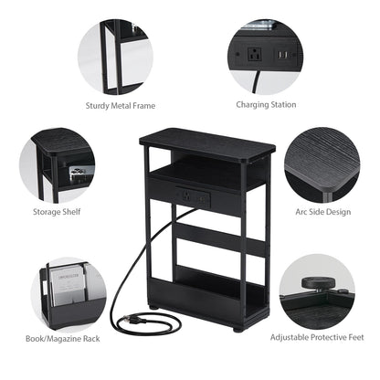 YEAKOO Narrow Side Table with Charging Station, 3-Tier End Table with 2 USB Ports & Power Outlets,Thin Sofa Side Table for Narrow and Small Spaces,