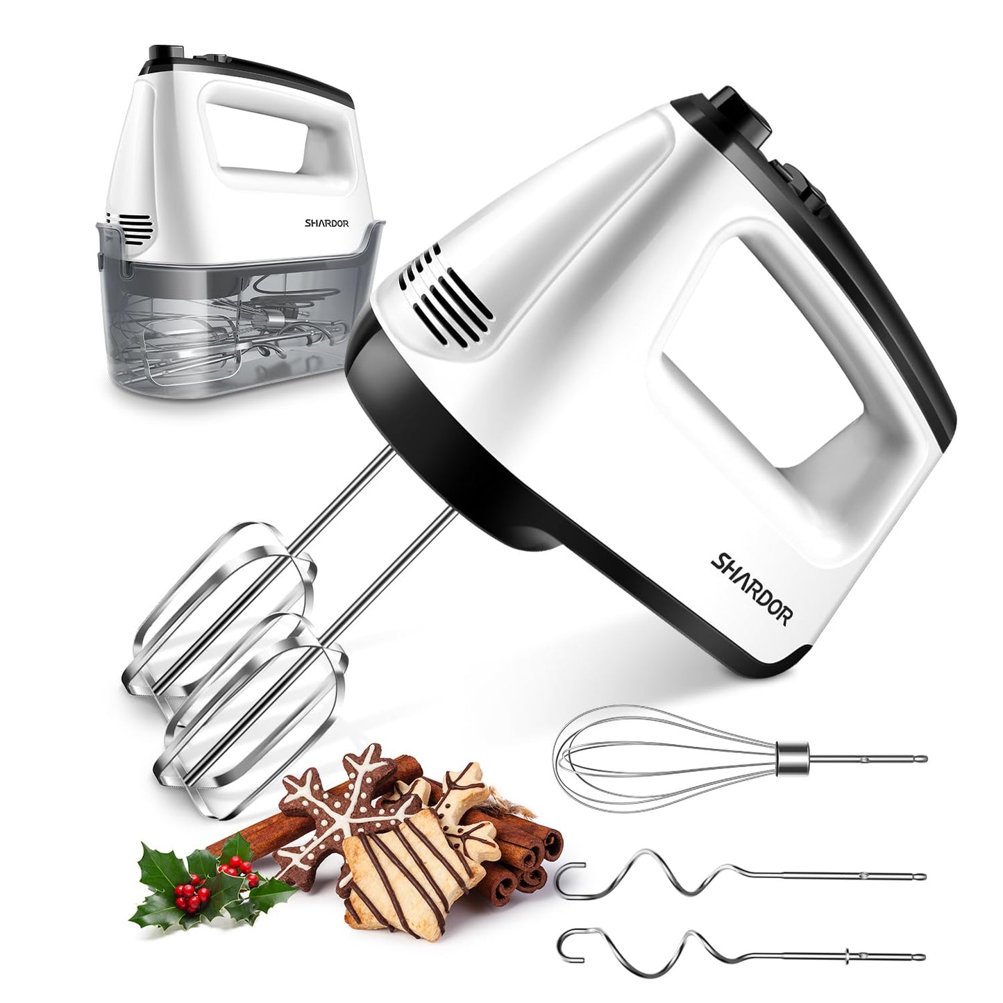 SHARDOR Hand Mixer Electric Whisk, Anti-Splash Hand Whisk, 6 Speeds with Turbo Button, Snap-On Storage Case, Easy Eject Button, 5 Stainless Steel