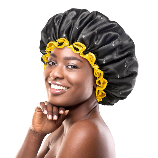 mikimini Extra Large Black Shower Cap for Women and Men, Reusable Waterproof Bath Cap for Thick Long Hair Braids, Double-Layered XL Hair Hats 2 Packs
