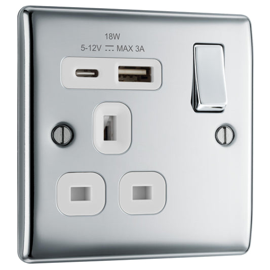BG Electrical 18W Single Switched Power Plug Wall Socket with Type A USB and Type C USB Charging Ports, Fast Charge, Round Edges, Nexus Metal,