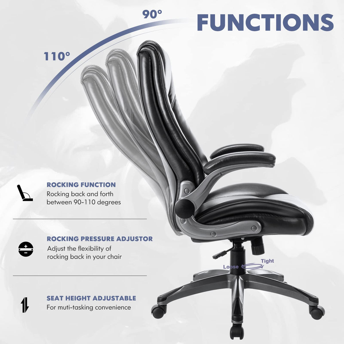 COLAMY Leather Executive Office Chair - High Back Home Computer Desk Chair with Padded Flip-up Arms, Adjustable Tilt Lock