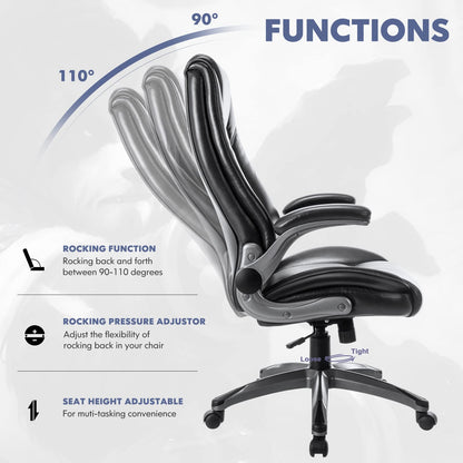 COLAMY Leather Executive Office Chair - High Back Home Computer Desk Chair with Padded Flip-up Arms, Adjustable Tilt Lock