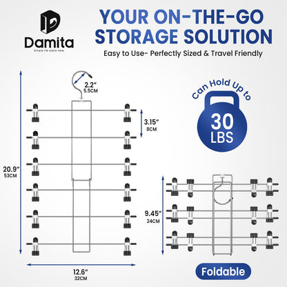 DAMITA Skirt Trouser Hangers with Clips Space Saving Hanging Closet Organizer 6 Tiers Multi Hanger with 360° Swivel Hook