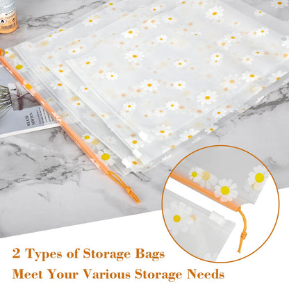 15 Pcs Waterproof Clear Drawstring Storage Bags, Daisy Print Zip-Lock Bags