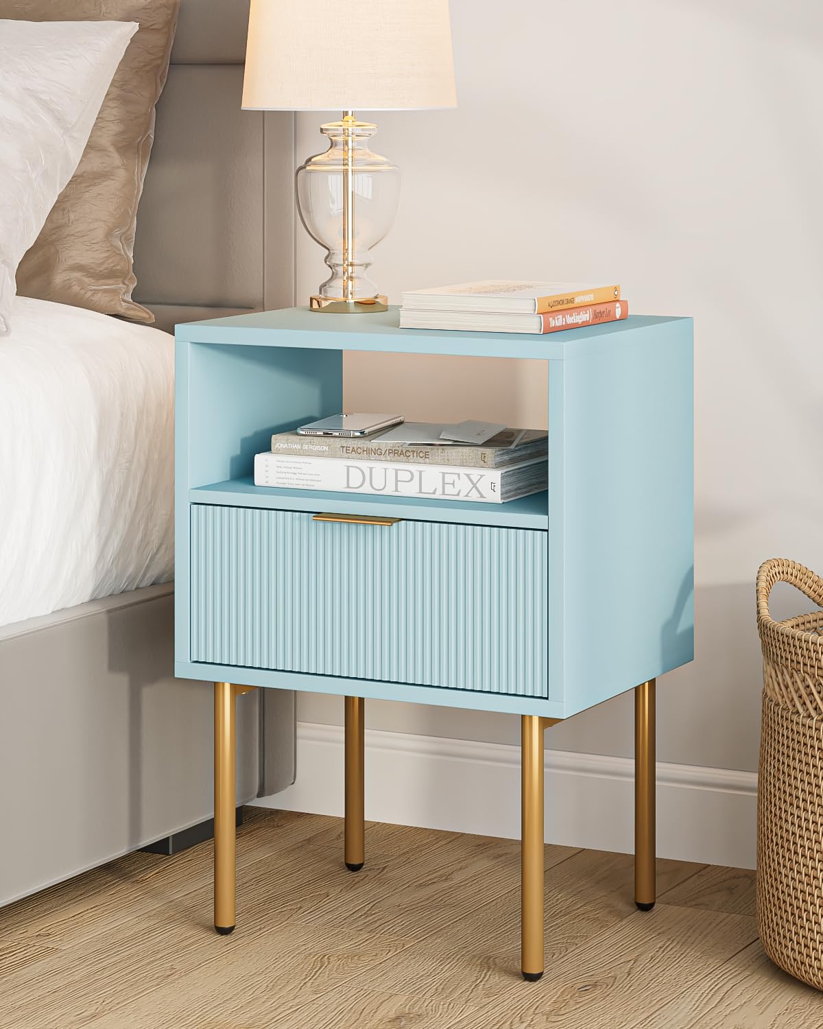 HEYZOEY Bedside Table Bedside Cabinet with 1 Open Shelf And 1 Drawer,Modern Bedside Table,Boho BedsideTable for Bedroom,Living Room,Blue