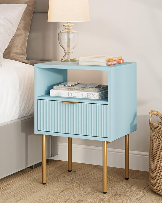 HEYZOEY Bedside Table Bedside Cabinet with 1 Open Shelf And 1 Drawer,Modern Bedside Table,Boho BedsideTable for Bedroom,Living Room,Blue