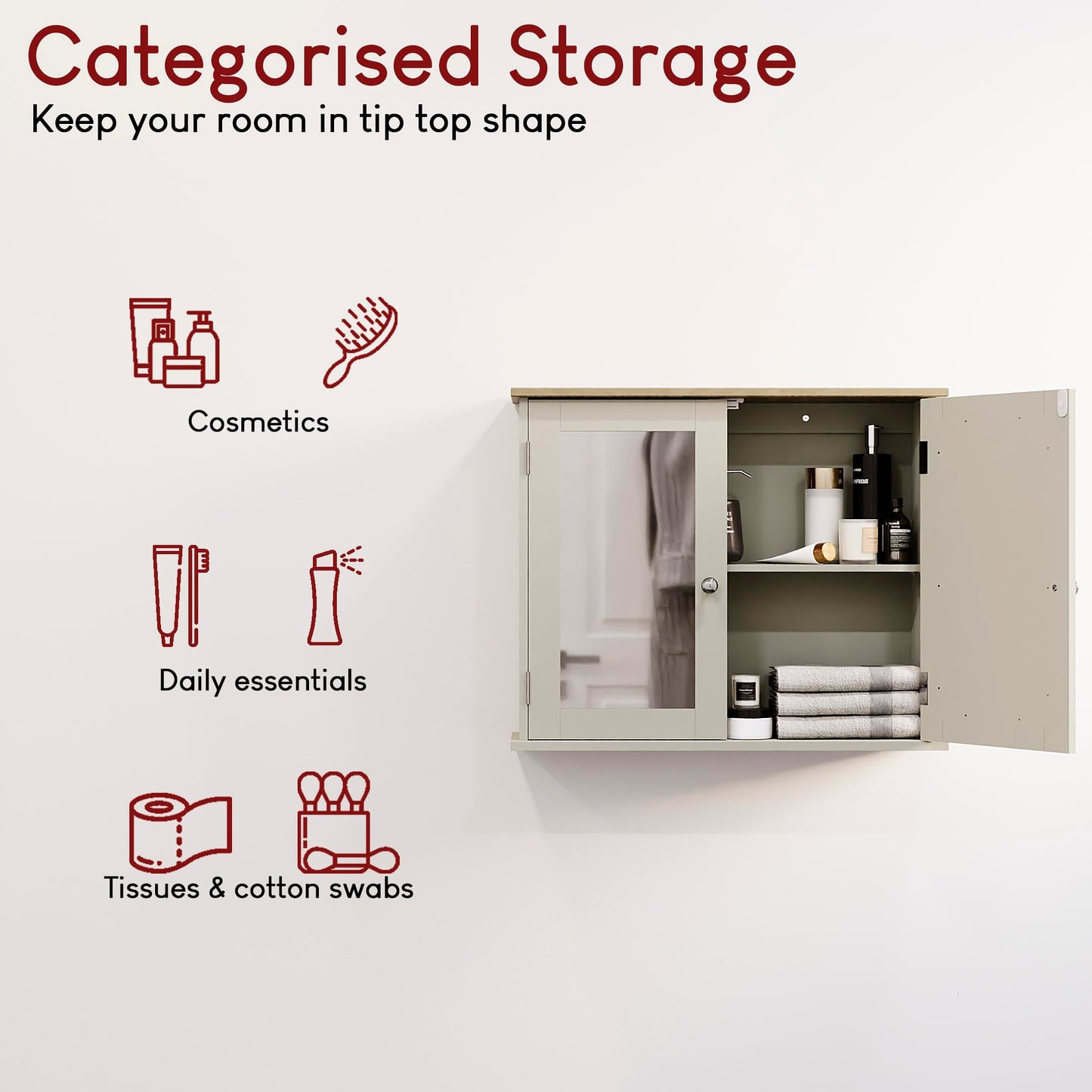 Bath Vida Priano Double Door Mirrored Bathroom Cabinet Storage Cupboard Wall Mounted, Grey & Oak