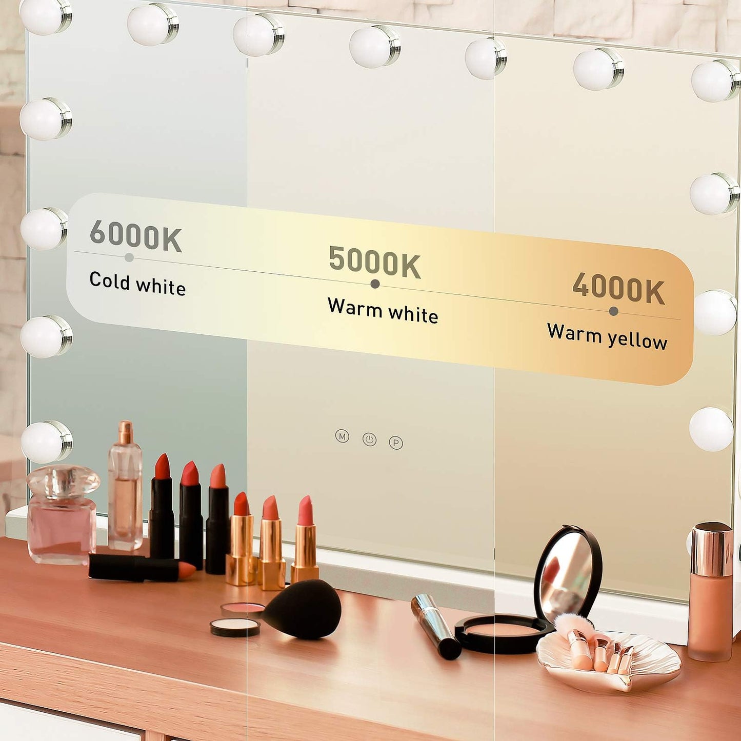 YOURLITE Hollywood Vanity Mirror with Lights, 5845cm Lighted Makeup Mirror with 15 Dimmable Led Bulbs, 3 Lighting Modes, Touch Screen Control,