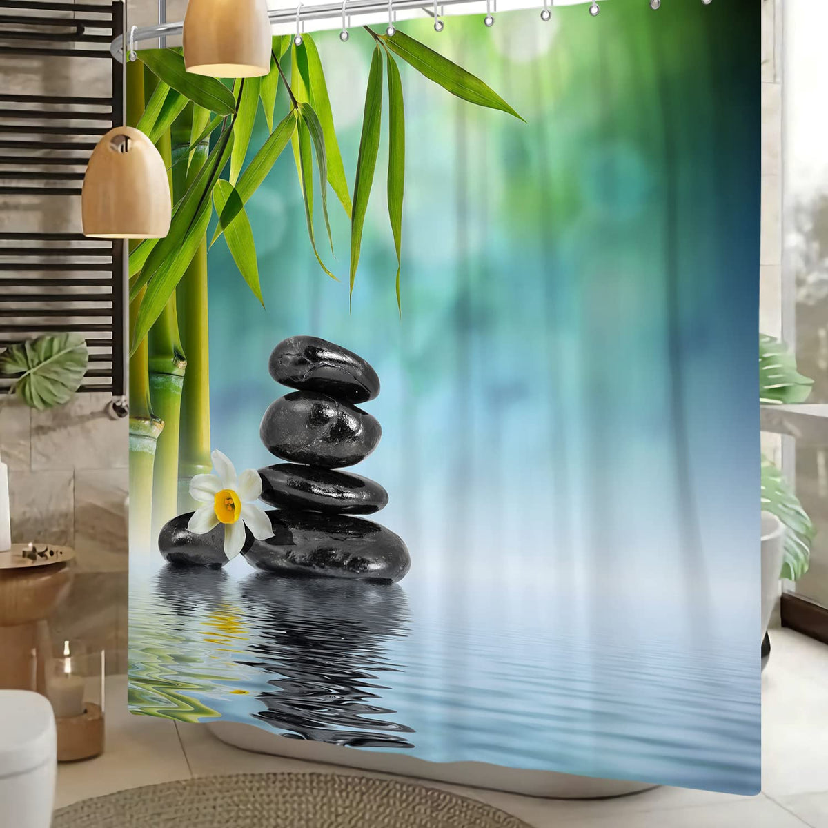 SDOTPMT 72x96inch Spa Japanese Theme Shower Curtain Green Bamboo Leaves Orchid Basalt Stones Bath Curtain Zen Meditation Bathtub Curtain for Bathroom