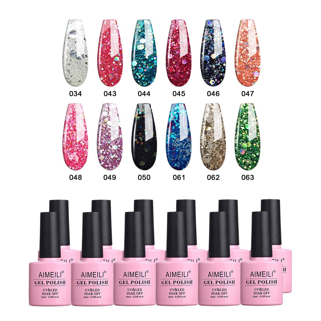 AIMEILI Soak Off UV LED Glitter Gel Nail Polish Multicolour/Mix Colour/Combo Colour Set Of 12pcs X 10ml - Kit 7