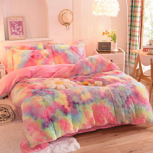 ZIQINPSQ Plush Shaggy Duvet Cover Set,Tie Dye Faux Fur Bedding Set for Teens Girls Soft Velvet Fluffy Fuzzy Comforter Cover Bed Set (Pink, Double)