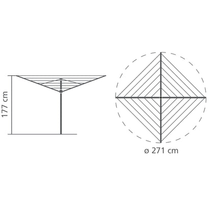 Brabantia 40m Essential Rotary Washing Line (Metallic Grey) Collapsible Umbrella System, 4 Arm Outdoor Clothes Dryer + 35mm Plastic Ground Tube