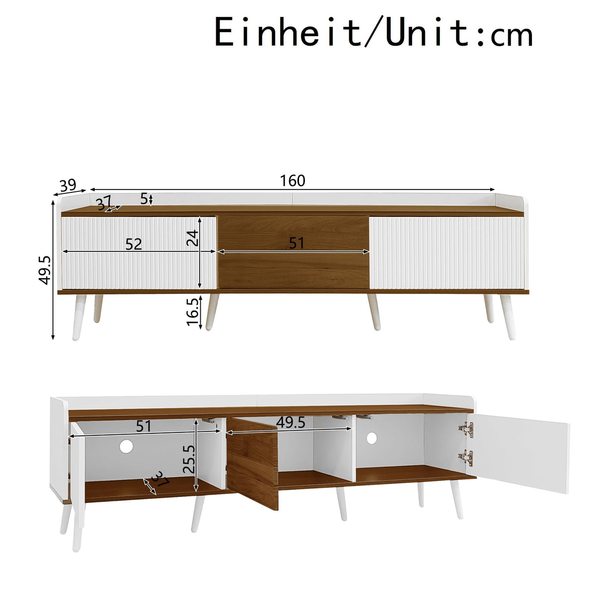 Ball & Cast TV Cabinet 3-Door TV Stand Compact Media Unit with Raised Edge, Striped Doors & Solid Wood Legs 160 × 39 × 49.5 cm - White & Natural Wood