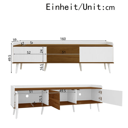Ball & Cast TV Cabinet 3-Door TV Stand Compact Media Unit with Raised Edge, Striped Doors & Solid Wood Legs 160 × 39 × 49.5 cm - White & Natural Wood