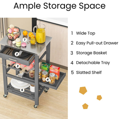 GiantexUK 4-Tier Kitchen Storage Trolley on Wheels, Rolling Storage Cart with Stainless Tabletop, Pull-out Drawer & Wire Basket