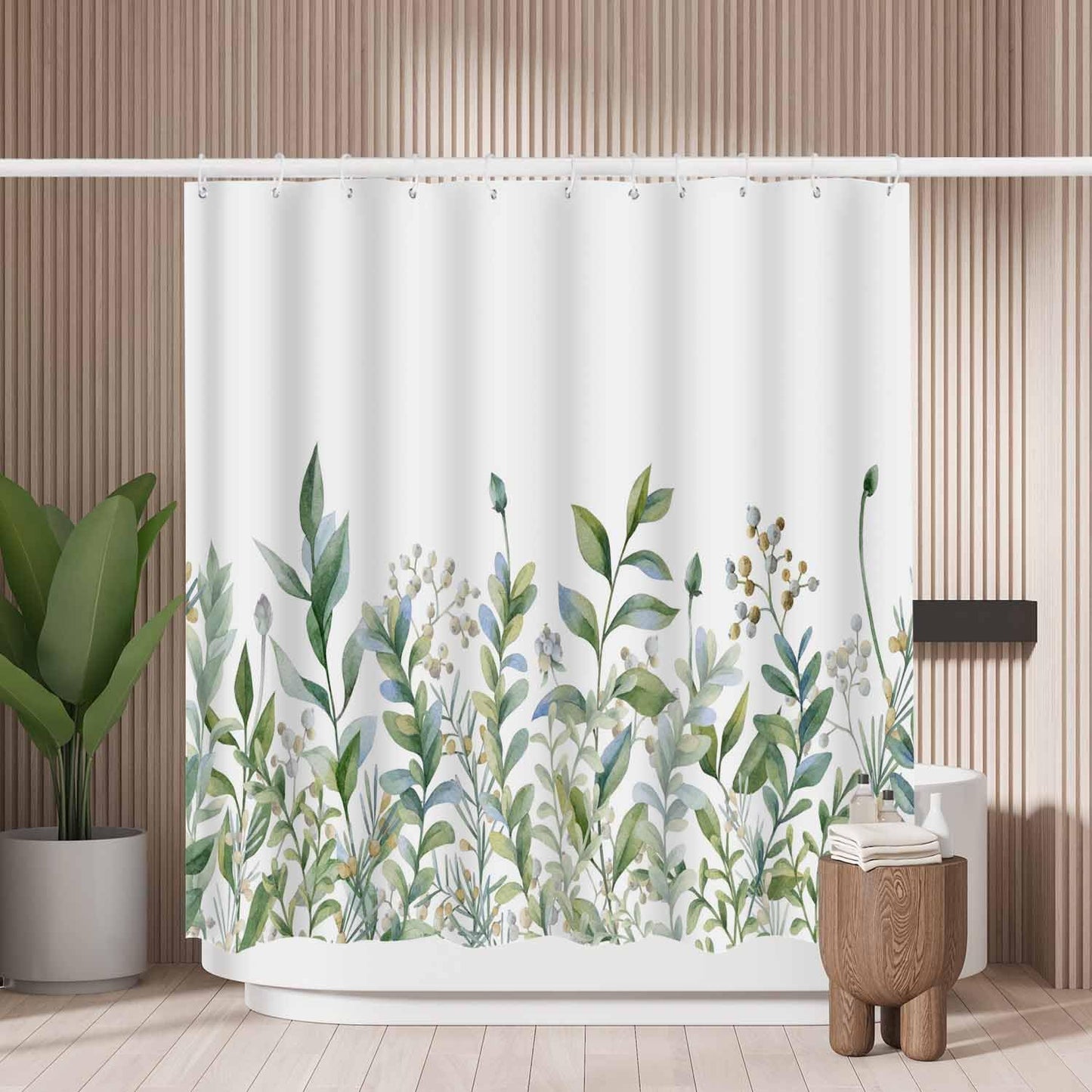Woutay Shower Curtain Mould Proof Resistant Watercolor Green Botanical,Water Repellant Fabric,Polyester,Size 180x180CM