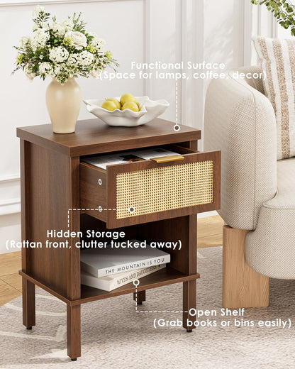 Apetaccat Rattan Bedside Table, Side Table with Open Storage Shelf, Walnut