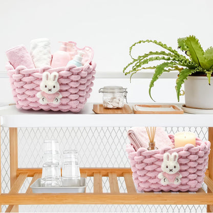 Woven Cotton Wicker Storage Basket with Bear Motif, White - Bathroom Organizer for Desk, Makeup Table, Cabinets, Bath, Kitchen (Pink - Rabbit)